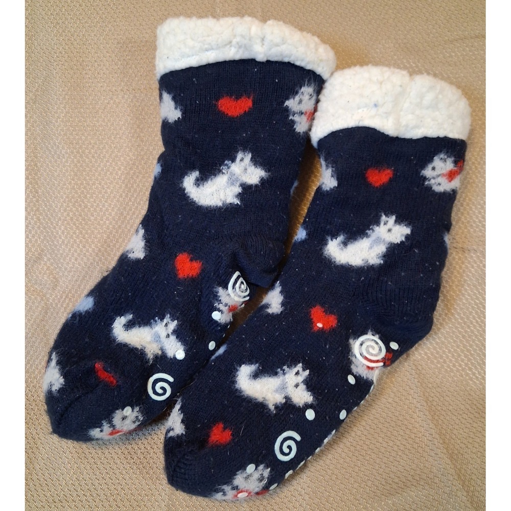 Muk Luks Slipper Socks Navy Blue White Dog Red Heart Faux Shearling Non-Slip